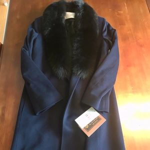 Fleurette Navy Blue Wrap Coat Fur Collar Sz 6